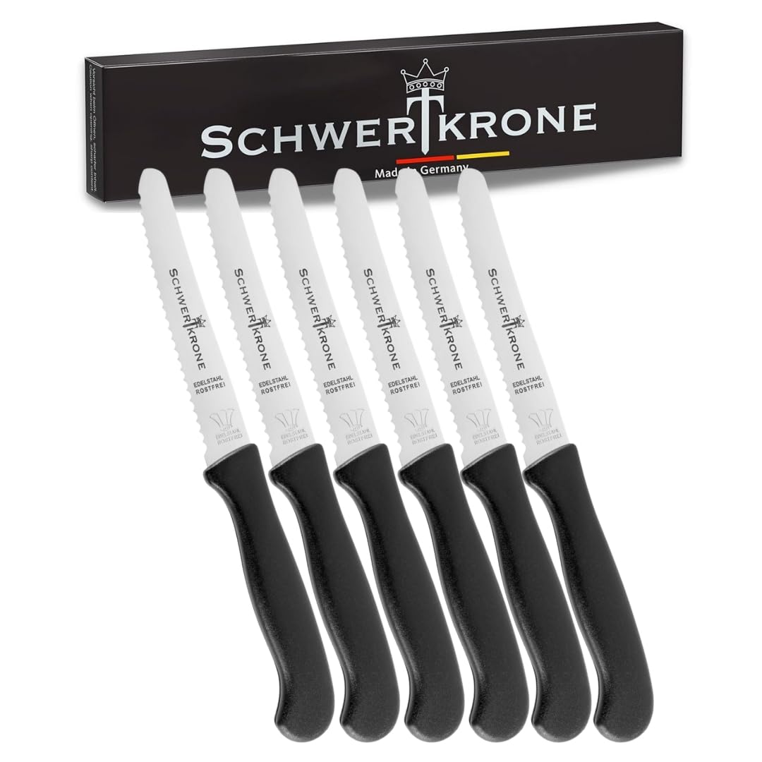 Schwertkrone Solingen Set di 6 Coltelli da Tavola - Acciaio Inox - per Pane, Panini, Verdure ecc. - Coltelli da Colazione - Prodotti in Germania