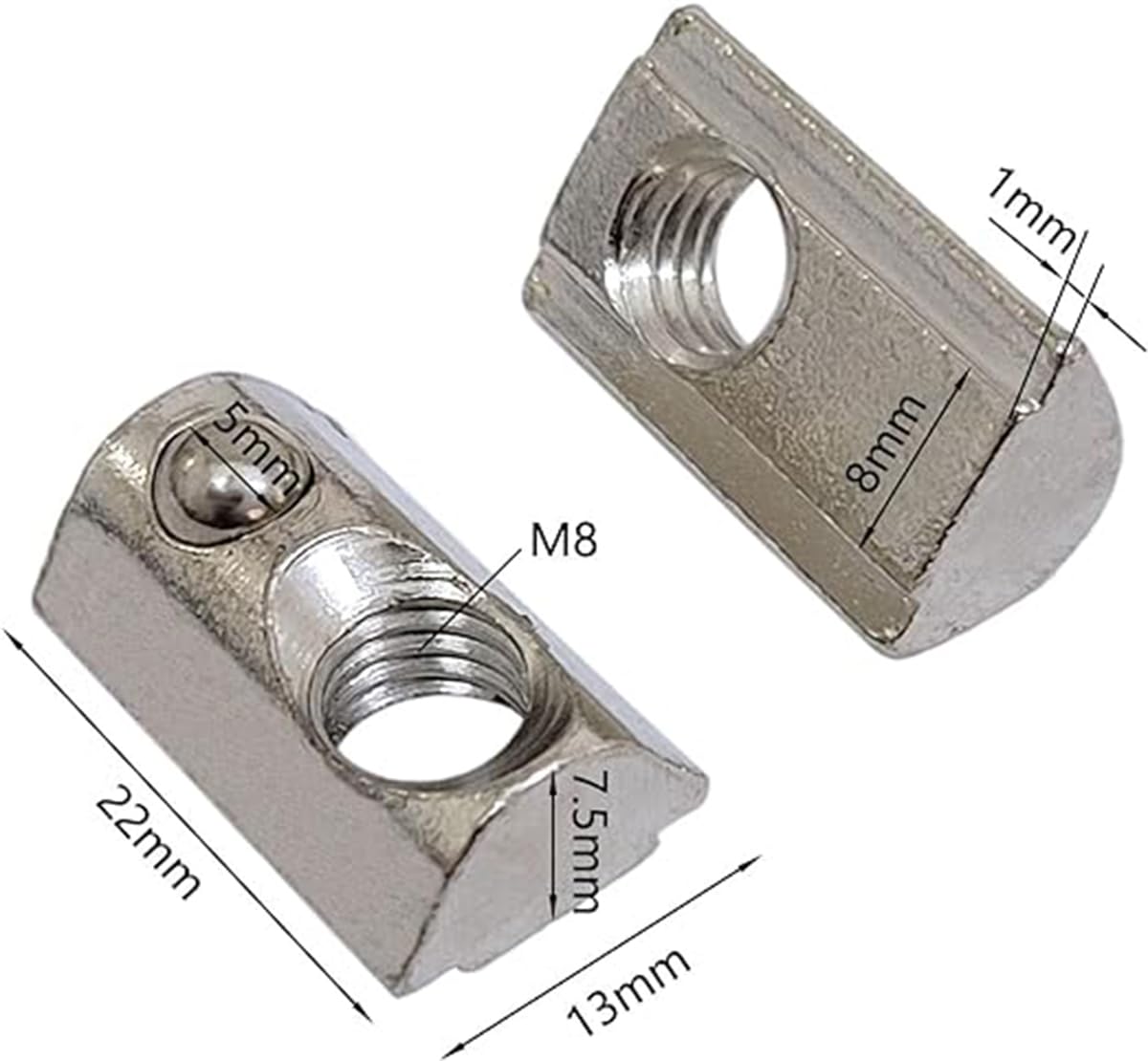 100 tuercas en T de acero al carbono M8, tuercas en T, tuerca de bola 8 para perfiles de aluminio estándar europeo serie 4040 4080, ranuras de 8 mm