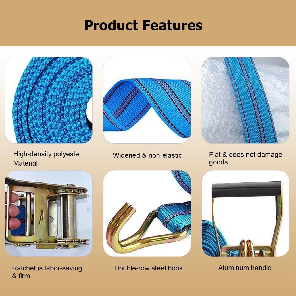4 Packs 9.8-65.6' Tie Down Ratchet Straps, Cargo Tie-Down Strap Ratchet with Double J Hooks, Lashing Strap for Truck Trailer Boat Kayaks Cargo Moving Appliances(Blue,3.0m/9.8Ft)