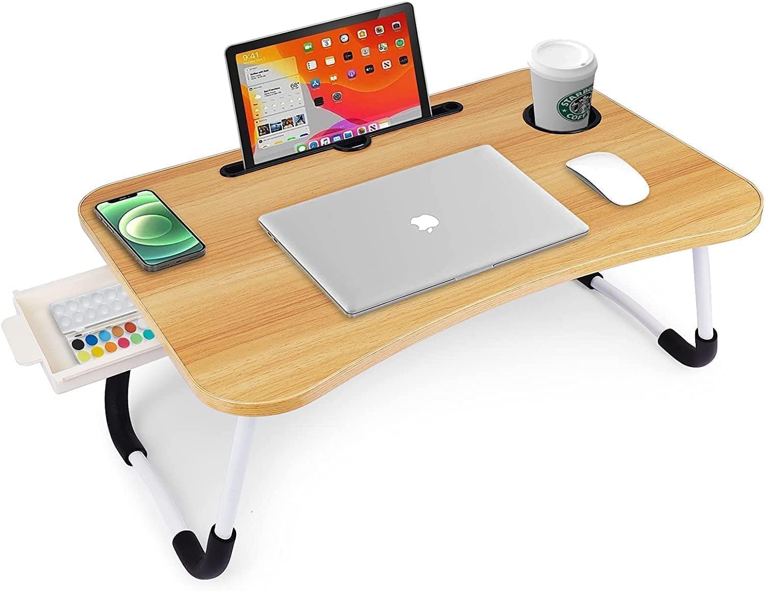 Study Table Foldable Wooden Laptop Bed Tray Table, Multifunction Lap Tablet Desk with Cup Holder, Perfect for Eating Breakfast, Reading Book, Working, Watching Movie On Bed (Wooden - with Drawer) (B0CX1WSS62) Amazon Price History, Amazon Price Tracker