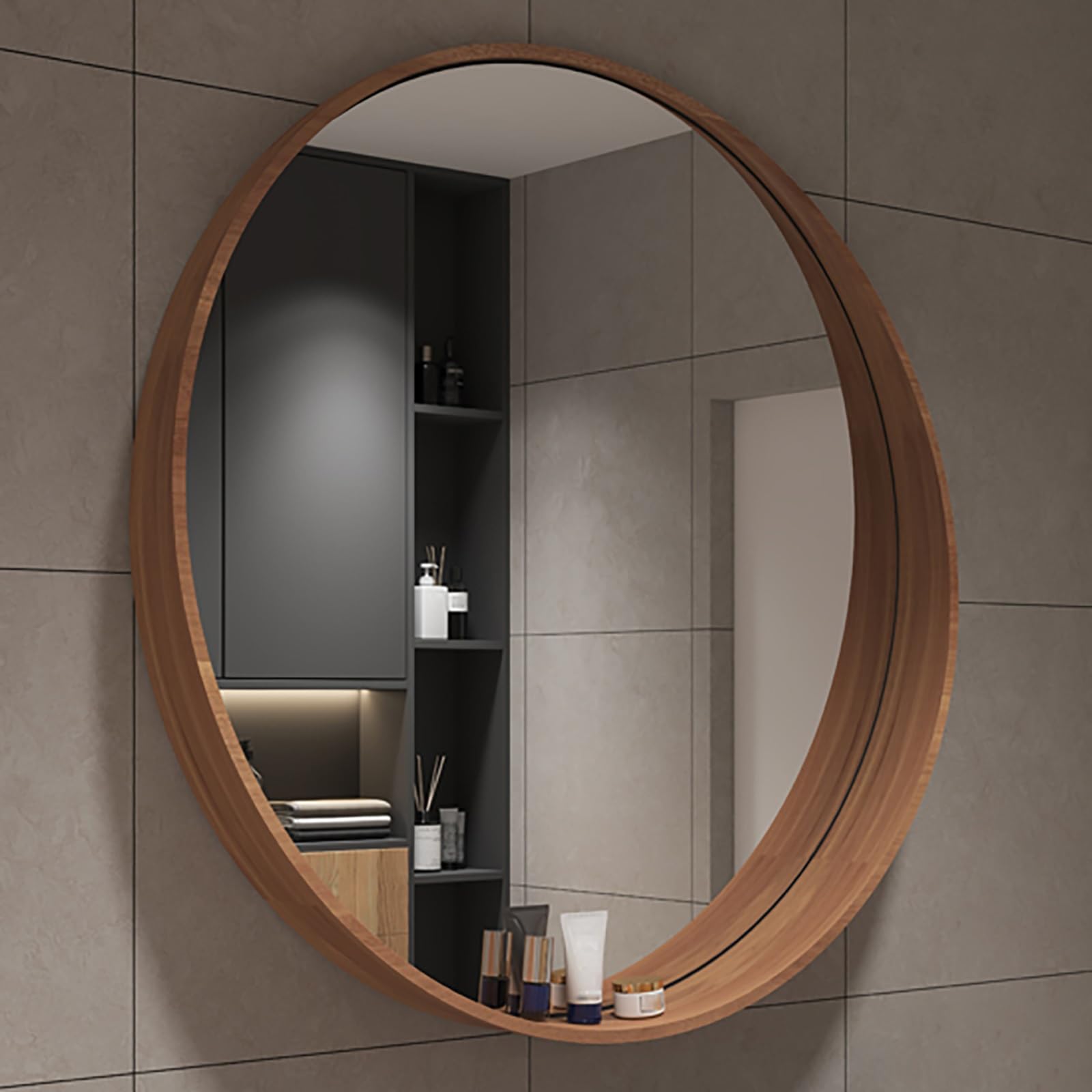 SXFSDOU Vintage Round Bathroom Mirror with Solid Wood Frame, 7cm Shelf, HD Explosion-Proof, Wall-Mounted Decorative for Living Room/Bedroom/Entrance, 50cm-80cm (Walnut, 70cm)