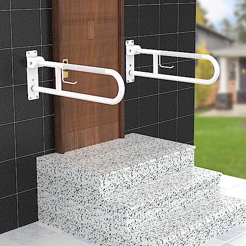 Image of U Shaped Toilet Grab Bar 32 Inch, Munzong White Anti-Slip Support Rail, Flip-Up Bathroom Grab Bar with Paper Holder, Stainless Steel Knurled Handicap Safety handrails for Elderly Disabled Pregnant