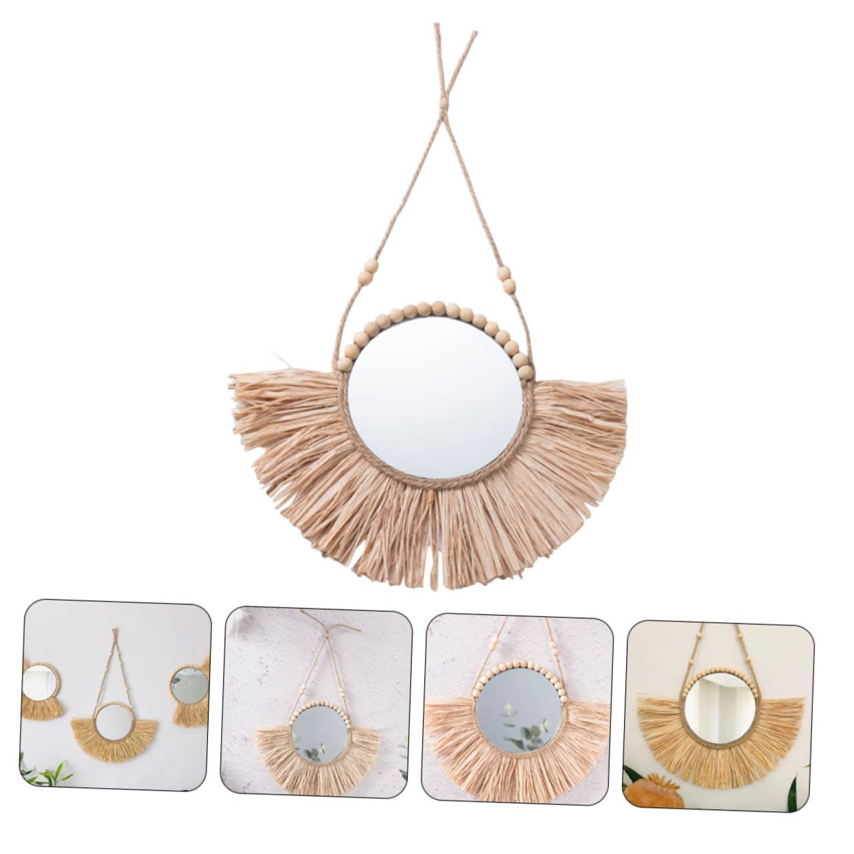 LIFKOME Handgefertigter Runder Wandspiegel mit Bastdesign, Beige, Dekorativ