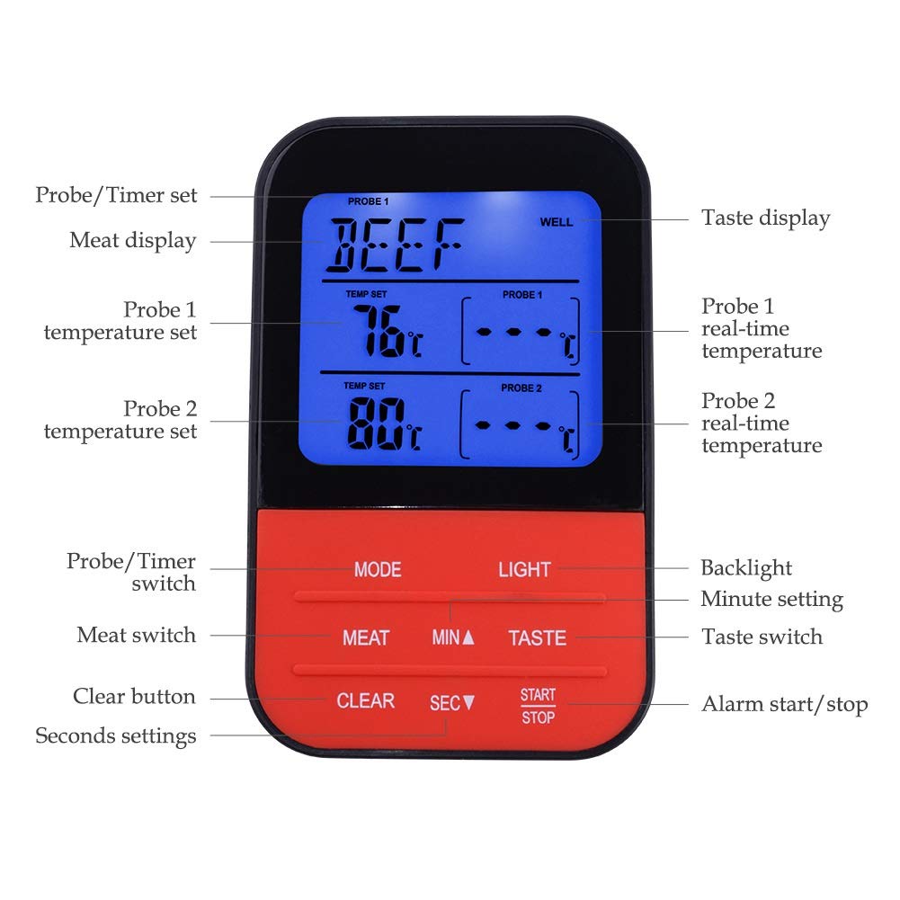 Termometro Digitale per Alimenti LCD con Timer per sensori a Doppia sonda per Cottura al Forno BBQ