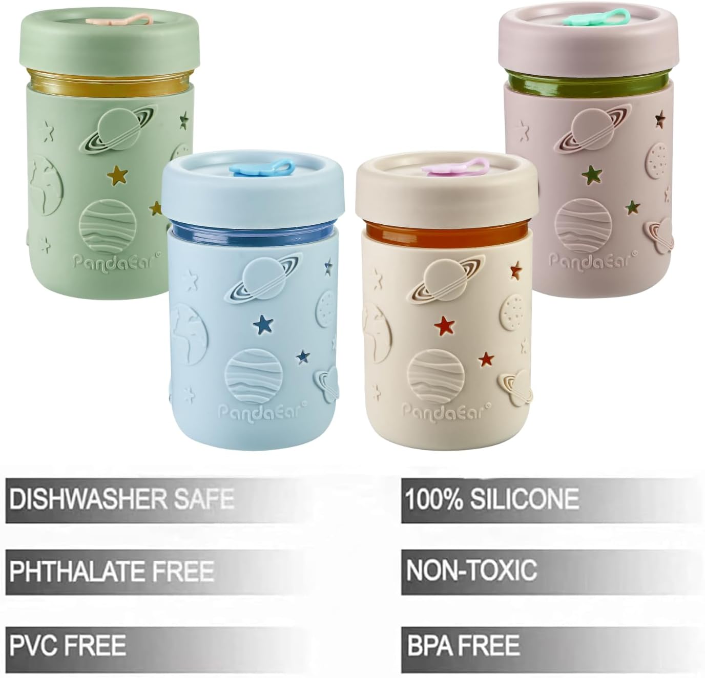 PandaEar 4 Pack Kids & Toddler Glass Cups, Glass Mason Jar Cups 8.45 oz with Silicone Sleeves & Straws, Toddler Spill-Proof Smoothie Cups - Image 3