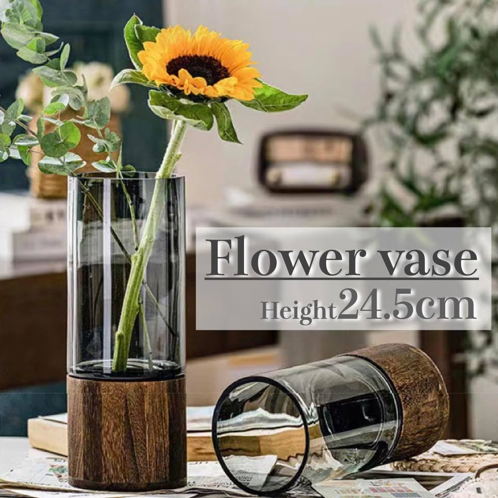 黒いガラス製円筒形花瓶 円柱 花瓶 ガラス 木製 黒い花瓶 シンプル 高さ21cm フラワー