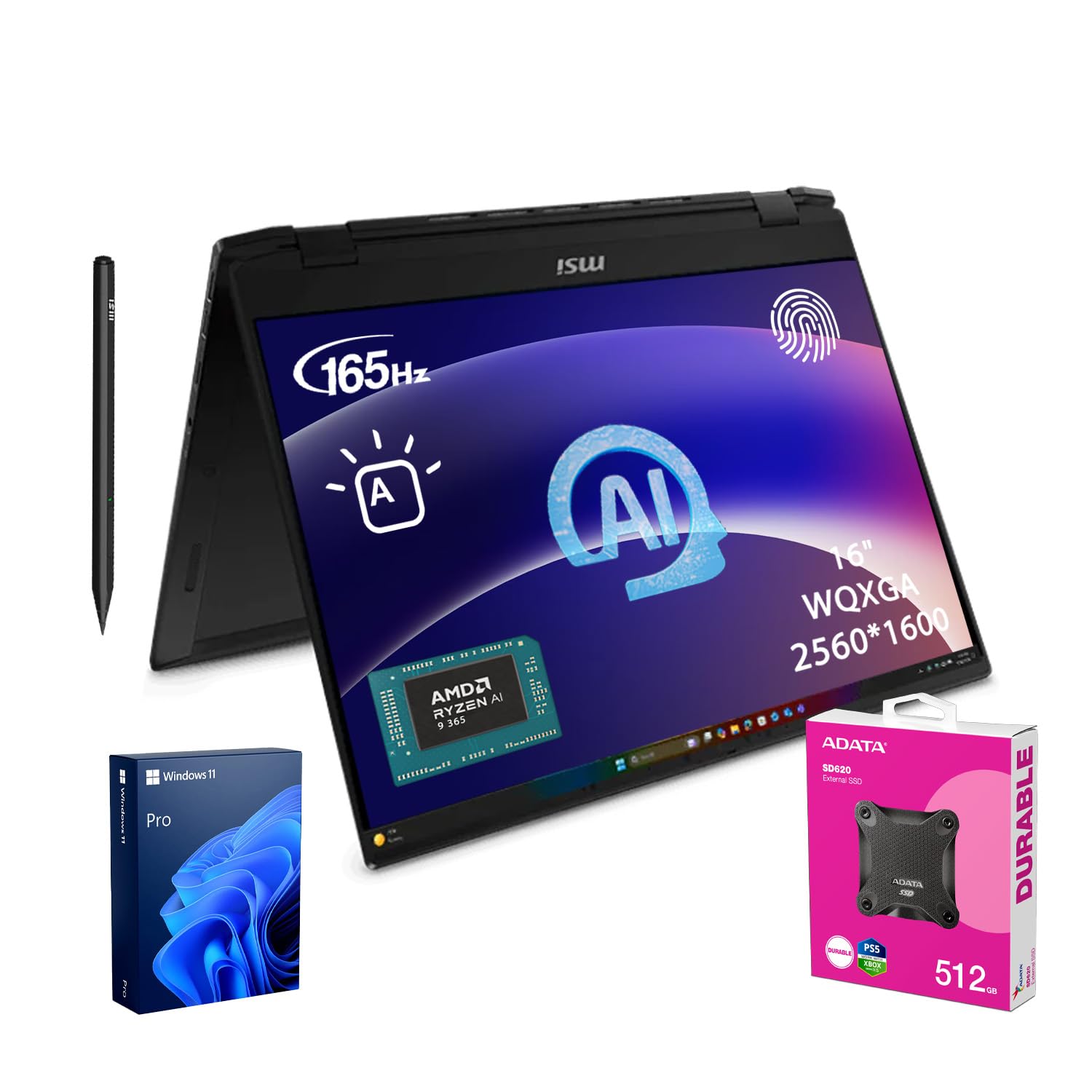 Summit A16 AI Copilot 2-in-1 Business Laptop, 16" WQXGA 2560 * 1600 Touchscreen 165Hz, AMD Ryzen AI 9 365, 32GB RAM, 2TB SSD, Wi-Fi 7, Fingerprint, Win11 Pro, Bundle with Adata 512GB External SSD
