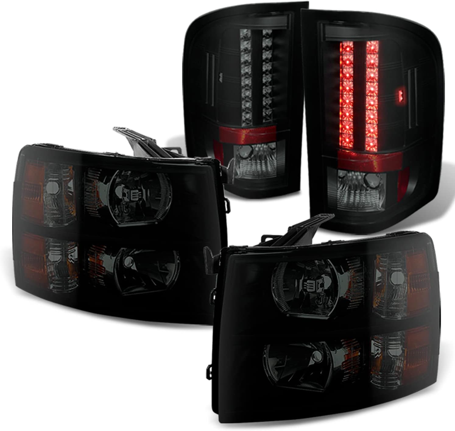 AKKON - For Black Smoked Fits 2007-2013 Chevy Silverado 1500 2500HD 3500 HD Headlights + LED Tail Lights Lamps