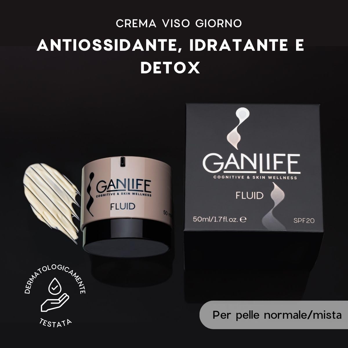 GANLIFE Crema Facial de Día Hidratante con Antioxidantes, Para Piel Normal y Mixta, Crema Protectora con SPF20, Con Ácido Hialurónico, Glutatión, Vitamina E, 50 ml