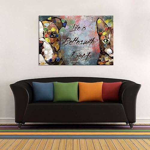 Miniatura 2 de iHAPPYWALL Lienzo decorativo grande para pared, diseño de gato y perro, la vida es mejor con amigos, cita inspiradora sobre fondo grunge, impresión
