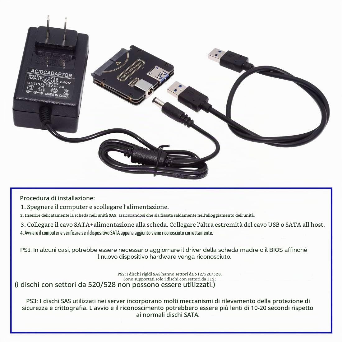 chenyang Adattatore da USB 3.0 a SAS per dischi rigidi SFF-8482 SAS da 2,5/3,5" a USB convertitore adattatore senza alimentazione (alimentazione necessaria per funzionare)