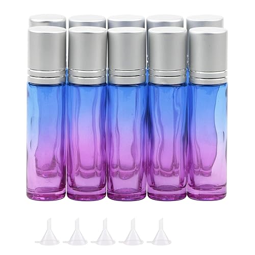 Juego de 10 botellas enrollables de vidrio, 0.3 fl oz (13 oz), botellas de rodillo degradado azul púrpura con abridor de embudos, frascos de vidrio