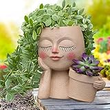 Lhocm Face Plant Pot Gifts for Mom from Daughter, Double Flower Pots for Indoor Outdoor Plants Resin Head Planter with Drainage Hole Cute Lady Face Plant Pots, White Elephant Gifts