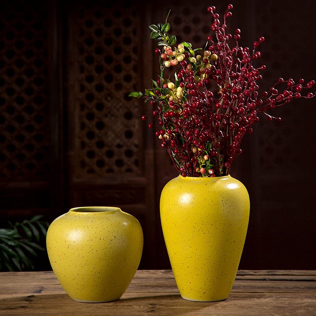 Vaso Vaso in ceramica gialla Cultura dell'acqua Fiore Dispositivo Retro Nuovo stile cinese Tinta unita Soggiorno Comodino Vaso Set tre pezzi Morbido Vaso In Ceramica(B)