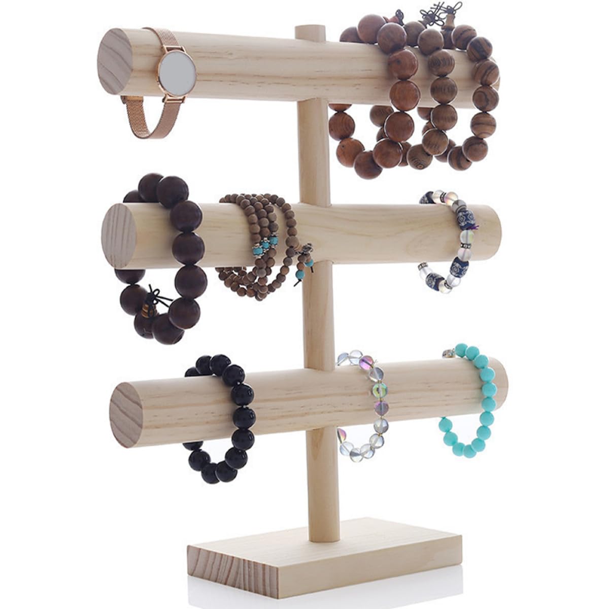 Artibetter Support de Montre en Bois Naturel à 3 Niveaux pour Organiser Bracelets et Colliers, Design Élégant et Pratique pour Maison ou Boutique de Montres