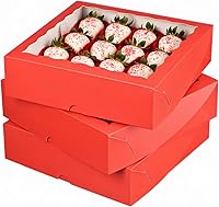Vista 11 de 25 cajas de panadería marrones de 9 x 9 x 2.5 pulgadas con ventana para galletas, macarrón, fresas cubiertas de chocolate, mini pastel, trufa