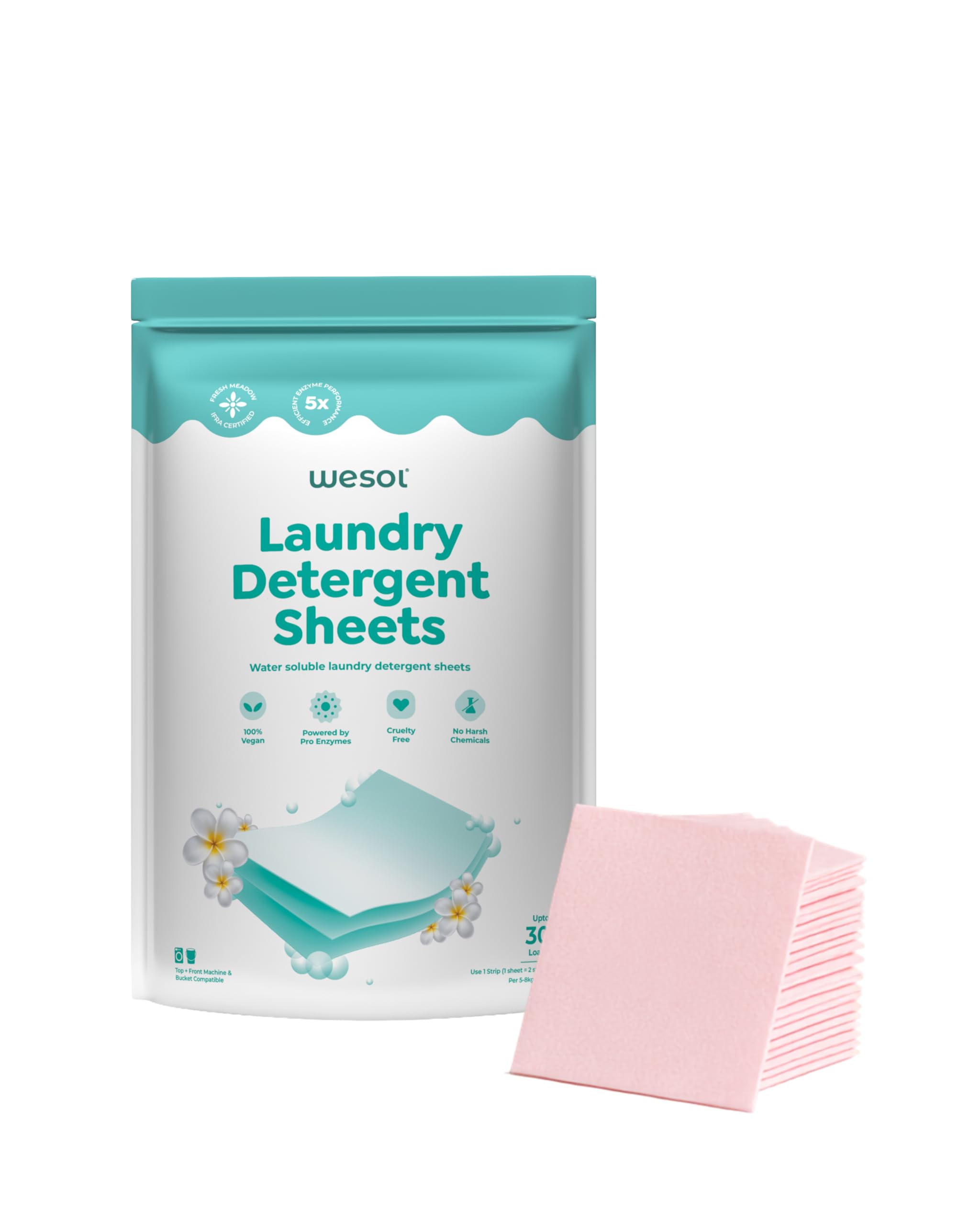 Wesol Laundry Detergent Sheets | 15 Sheets (30 Strips) | Enzyme Powered Water Soluble Laundry Detergent | Front Load, Top Load & Hand Wash | Fresh Meadow Fragrance-image-4