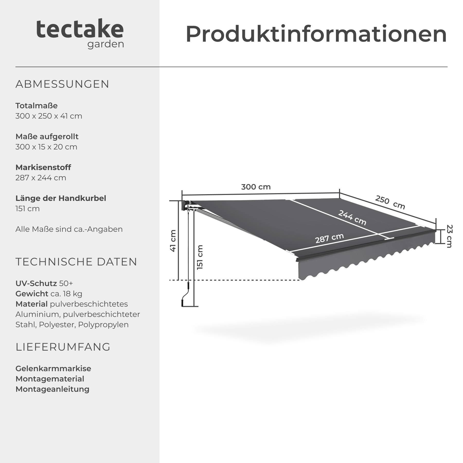 tectake® Gelenkmarkise, Markise ausziehbar mit Gelenkarm, Sonnenmarkise mit Wandhalterung, Sichtschutz Garten, Sonnenschutz Balkon, Markisen für Terrasse, Fenstermarkise - dunkelgrau, 300 x 250 cm
