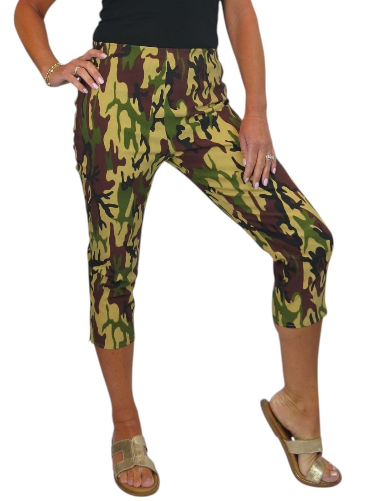 Paulo Due Women's Camo Pull On Cropped Trousers Summer Stretch Bengaline Elasticated Waist Summer Capri 8-20 (14)