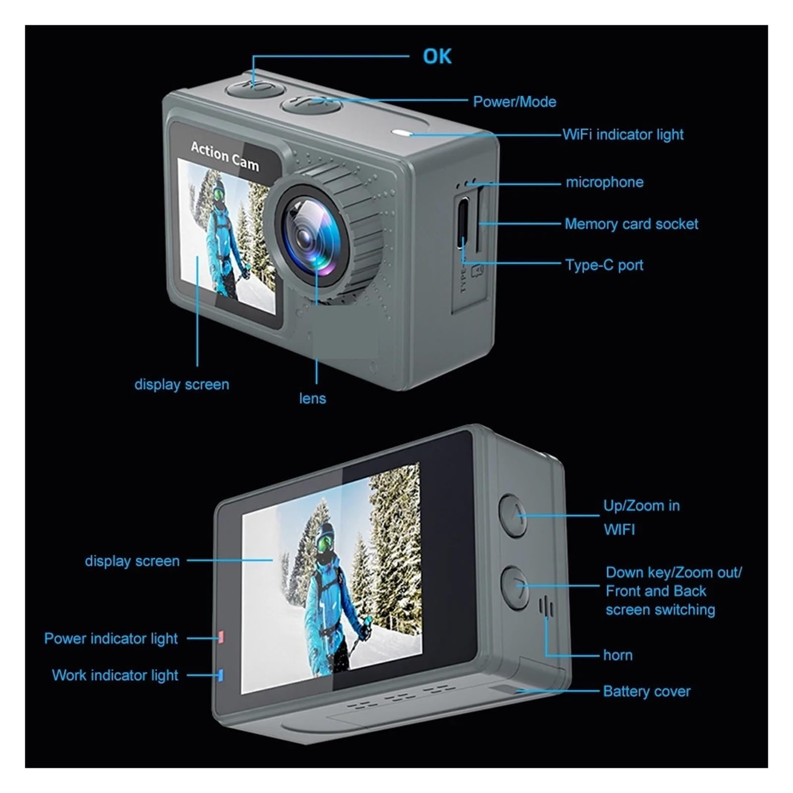 Action Camera, Action camera 5K, anti-shake, sport cam, doppio schermo, mini telecamera subacquea, grandangolo 170° con telecomando,per Ciclismo, Moto