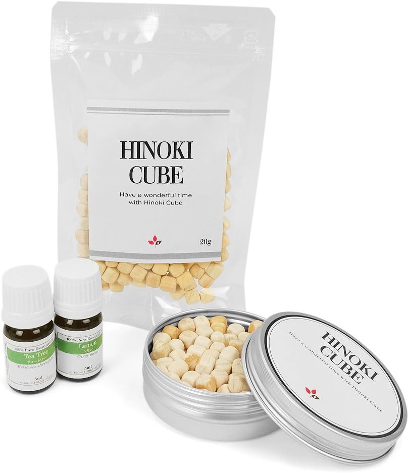 ease アロマオイル ひのきセット クリーンエア(ひのきキューブ20g・ティートリー・レモン 各5ml) 詰め替え用ひのきキューブ 20g付き