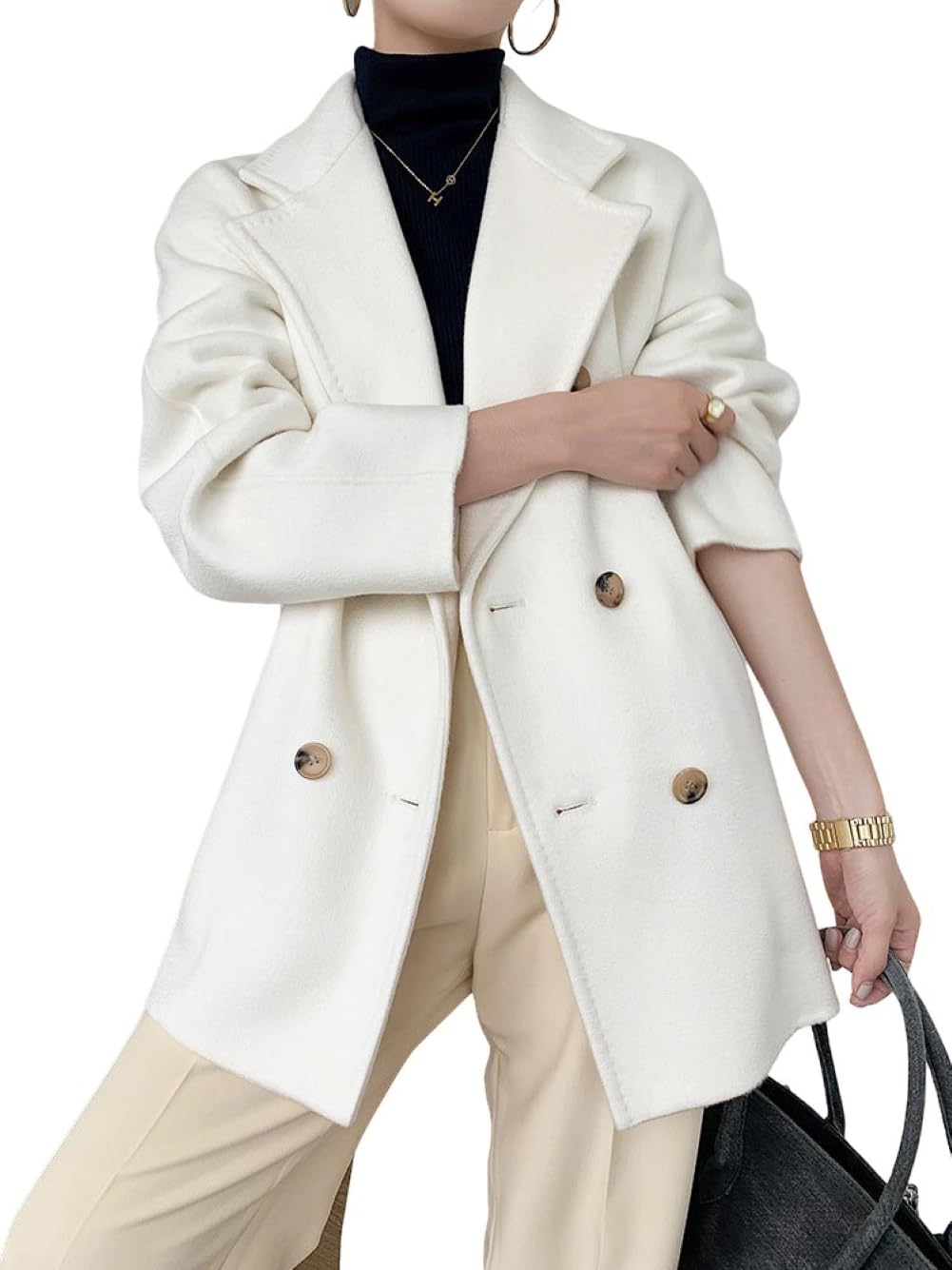 CHARTOU Women Wool Blend Pea Coat Jacket Winter Casual Notch Lapel Double Breasted Blazer Jacket
