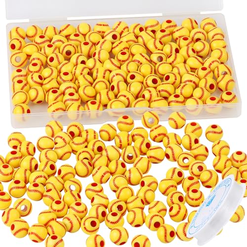 100pcs Baseball Beads with 5.5 Yard Elastic Rope Acrylic Softball Beads Sports Bead DIY Spacer for Necklace Bracelet Keychains Handmade Jewelry Making Accessories Craft Supplies 12mm(Baseball)
