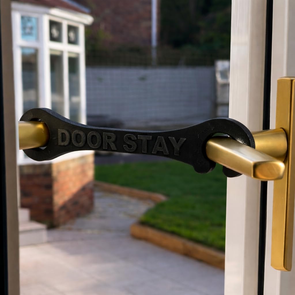 Door Stay Black Door Stay® – Hold Open Patio Door Holder – French Restraint – For Cats & Dogs – Ventilation Aid – Creates Controlled 18–20 Cm Opening –