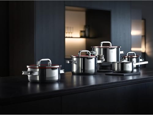WMF Function 4 5-Piece Induction Saucepan Set, Glass Lid with 4 Pouring Functions, Polished Cromargan Stainless Steel, Induction Pots Set, Inner Scale - 2