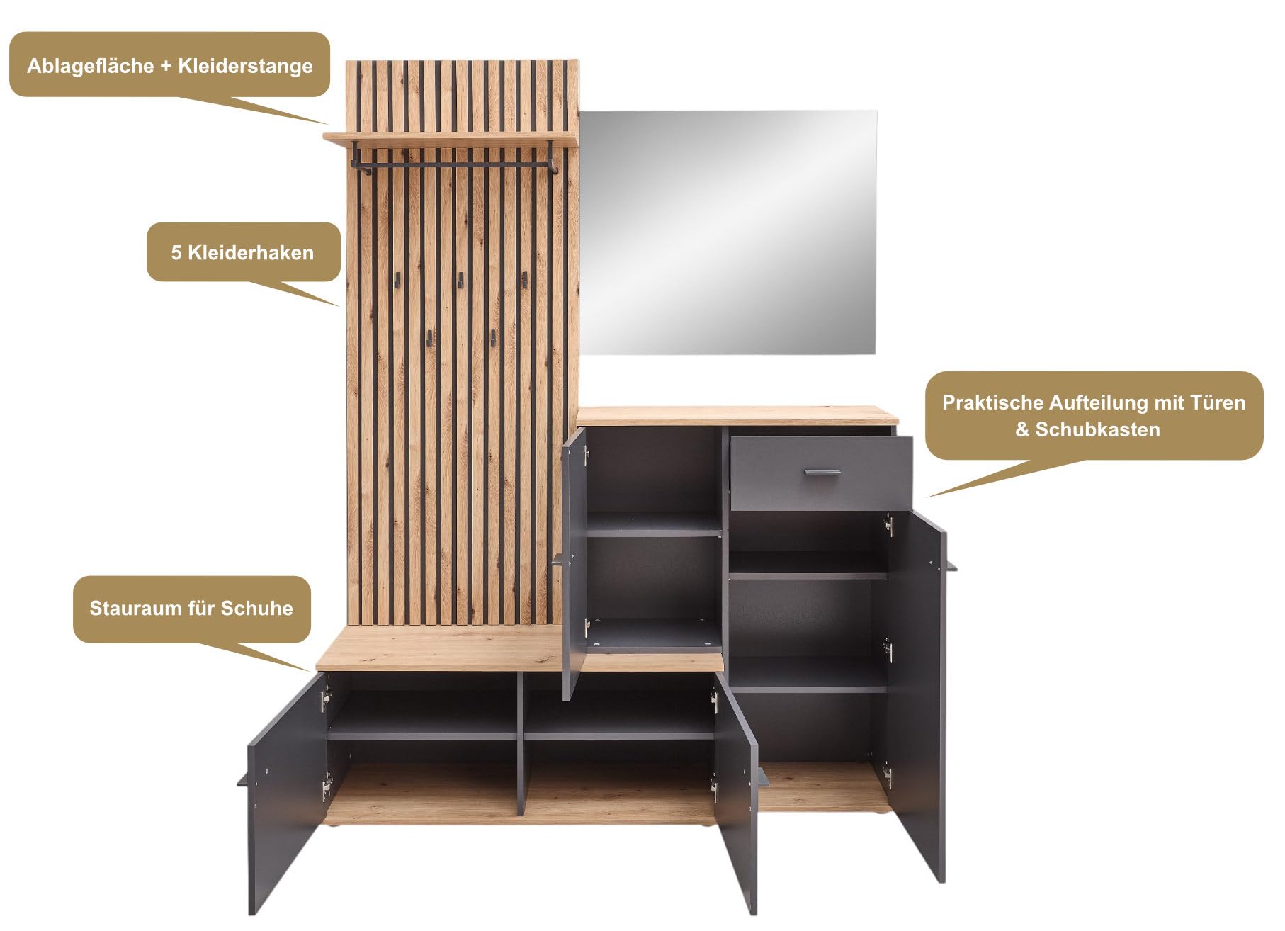 Garderoben-Set Como anthrazit/Artisan Eiche Nb. Flurgarderobe Wandgarderobe Paneel + Schuhschrank + Spiegel optional mit Hochschrank