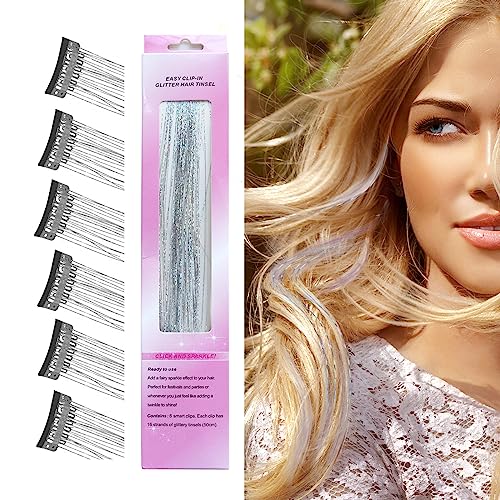 Luckyvestir Hair Tinsel Clip in Glitter Hair Extensions Heat Resistant Fairy Hair Glitter Strands, Silver Hair Tinsel Kit 6pcs