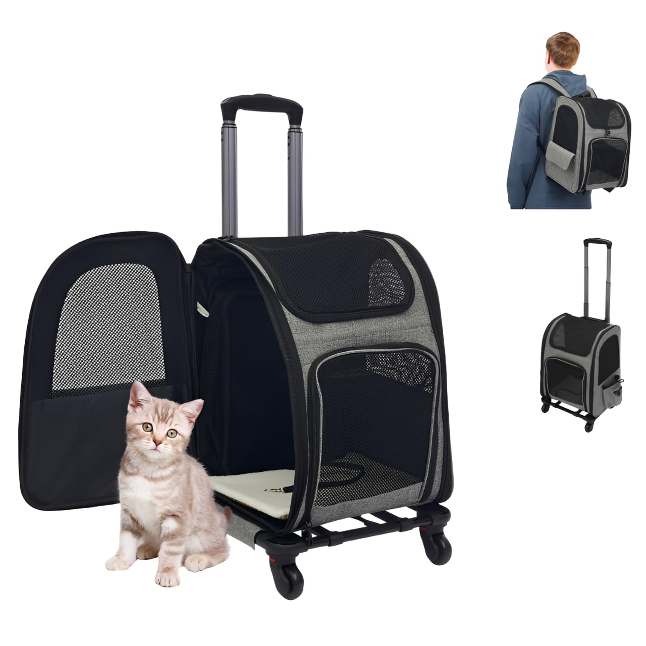 Mochila para mascotas 2 en 1 con ruedas, mochila para gatos con asa telescópica, bolsa de transporte para mascotas con alfombrilla inferior de doble cara, capacidad de carga de 15 kg, ideal para