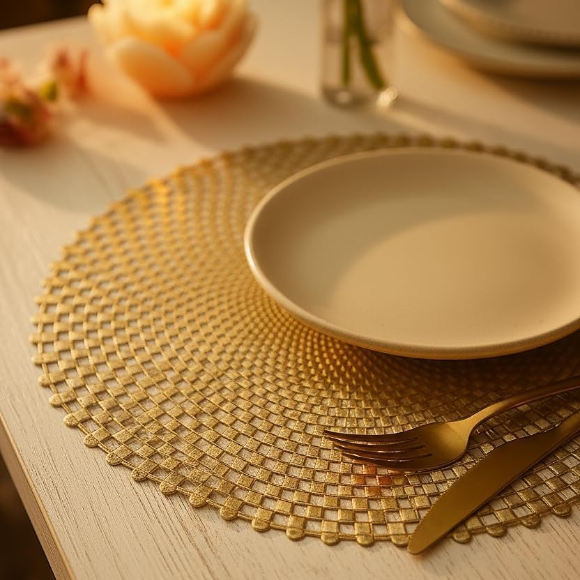 Miniatura 5 de FAVE Juego de 6 manteles individuales redondos de vinilo dorado, lavables en espiral para comedor, eventos, decoración del hogar y uso diario (15