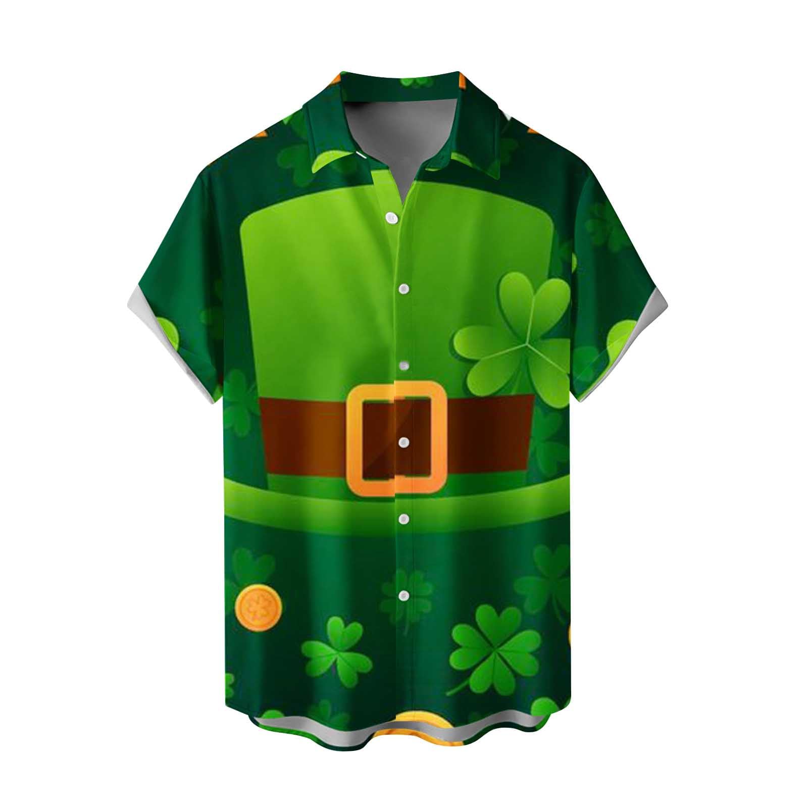 Mens Short Sleeve Tops St Patricks Day Floral Print Blouses High Neck Beach Boho Hawaiian Tropical Shirts