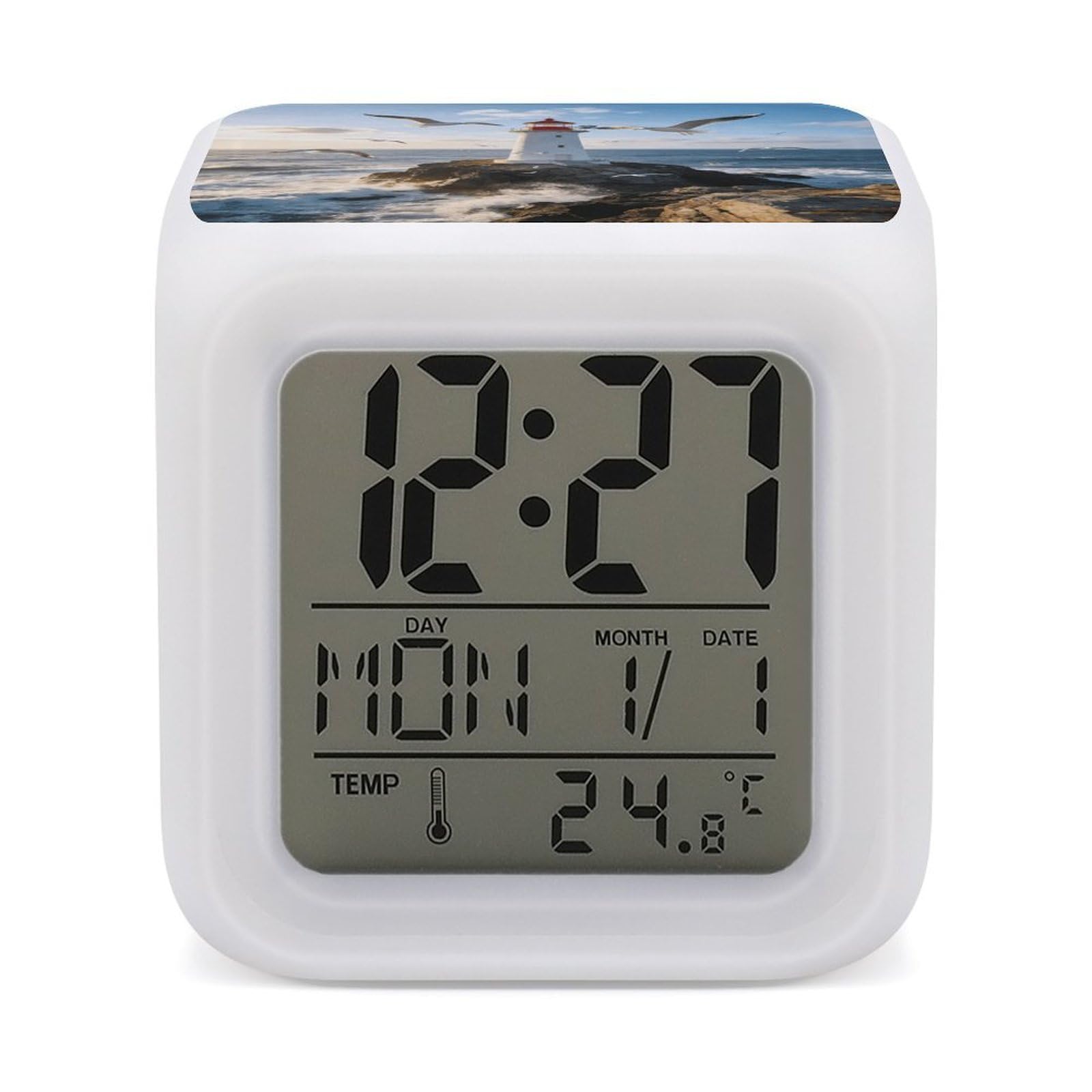 LZQPOEAS Lighthouse Seagull Alarm Clock with 7 Color Changing Nightlight for Bedroom Calendar Temperature Display Wake Up Digital Clock Small Desk Clocks for Heavy Sleepers Adults