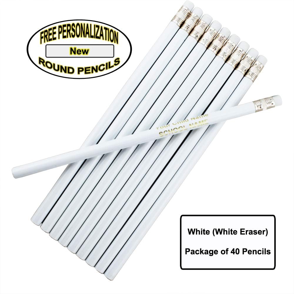 ezpencils Personalized Pencil Bulk – Round Pencils – White Barrel (Body), Eraser and Silver Ferrule – Package of 40 - FREE PERSONALIZATION - 2HB Black Lead - School - Office - Non-smear eraser