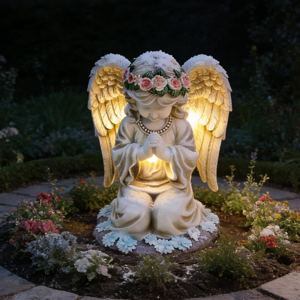 Statue da Giardino a Forma di Angelo Custode, Solare Statue Angeli Figure da Giardino con Angeli Solari con Luci a LED Resistente alle Intemperie Decorazione da Giardino a Forma di Angelo per Esterno