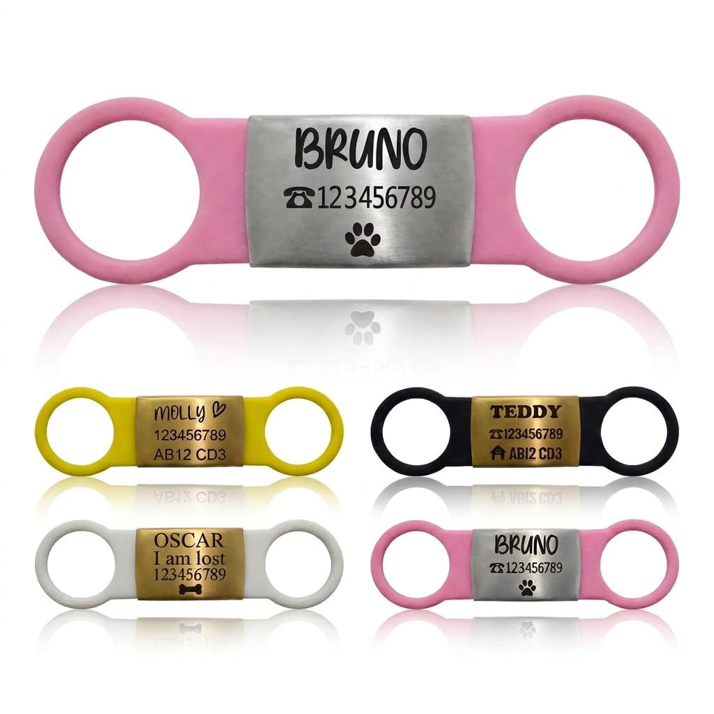 SUCRE Slide On Dog ID Tag Silicone Personalised Laser Engraved Pet Name Tag (Silver Pink Silicon, M-(1.8cm-4cm))
