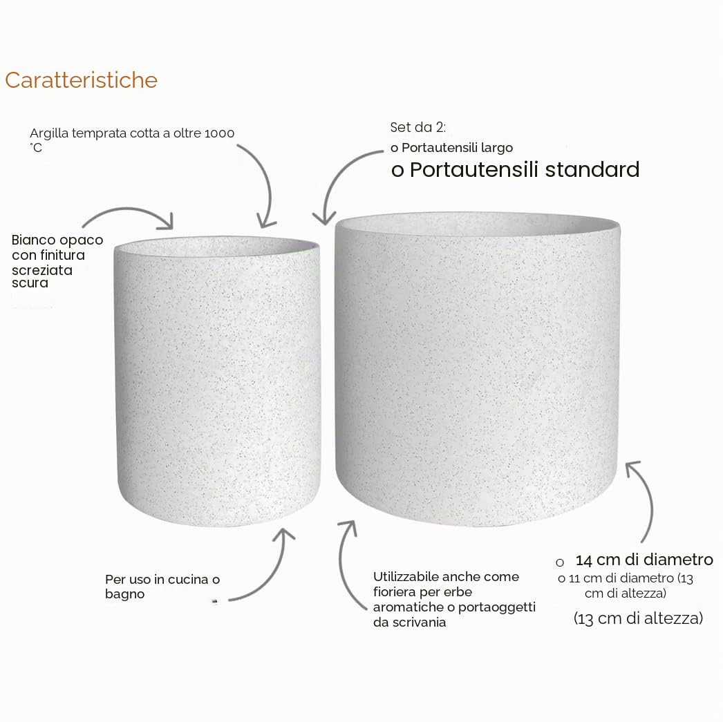 Set di 2 portautensili in ceramica indurita, bianco con punteruoli neri, 14 cm + 11 cm, porta utensili da cucina e uso bagno