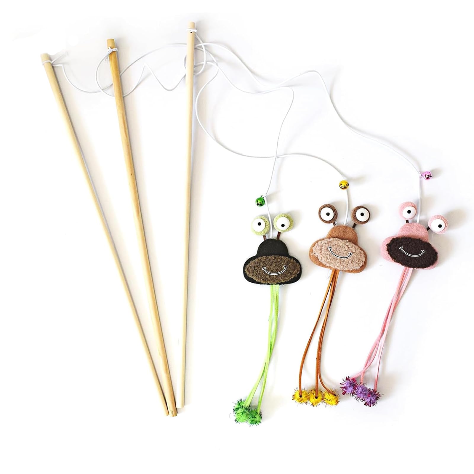 IUHKBH Cat Wand Toy, 3 PCS Natural Wooden Handle Cat Teaser Wand Cute Interactive Kitten Wand Fun Kitty Toy, Safe Kitten S...