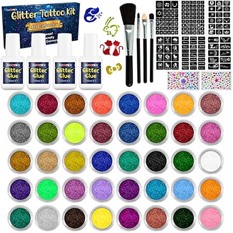 Temporary Glitter Tattoo Kit for Kids, 40 Colors Glitter, with 154 Stencils, 4 Glue, 4 Brushes, Body Glitter Make Up Kit, for Cosplay, Birthday Party, Festival Christmas Cover