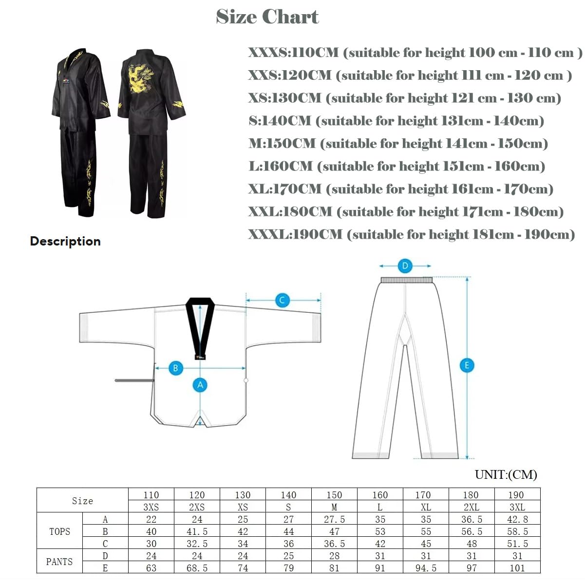 Taekwondo Gi Set DobokTaekwondo Standard Uniform TKD Traje con cinturón 150 cm