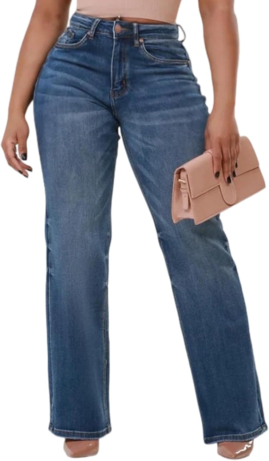 ZonJie Jeans for Women High Waist Wide Leg Distressed Raw Hem Destroyed Straight Leg Stretchy Denim Pants