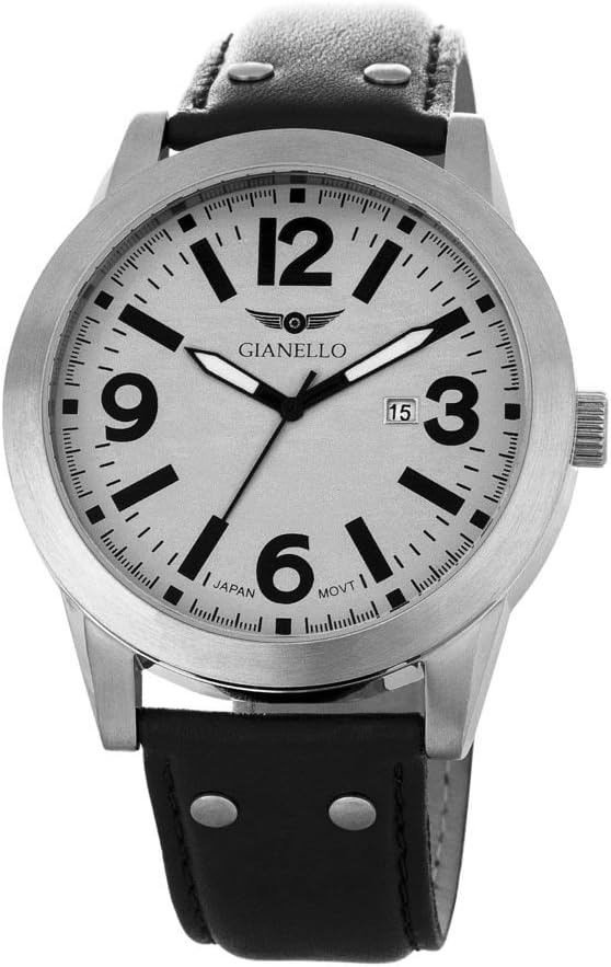 Gianello Men's Leather Strap Riveted Watch with Date Display, Silver