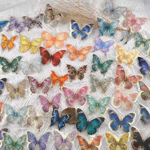 Butterfly Stickers 50PCS Vintage Gold Foil Transparent Waterproof PET Sticker for Girls Adults Colorful Realistic Butterflies Resin Decals for Water Bottles Laptop Scrapbook Journal