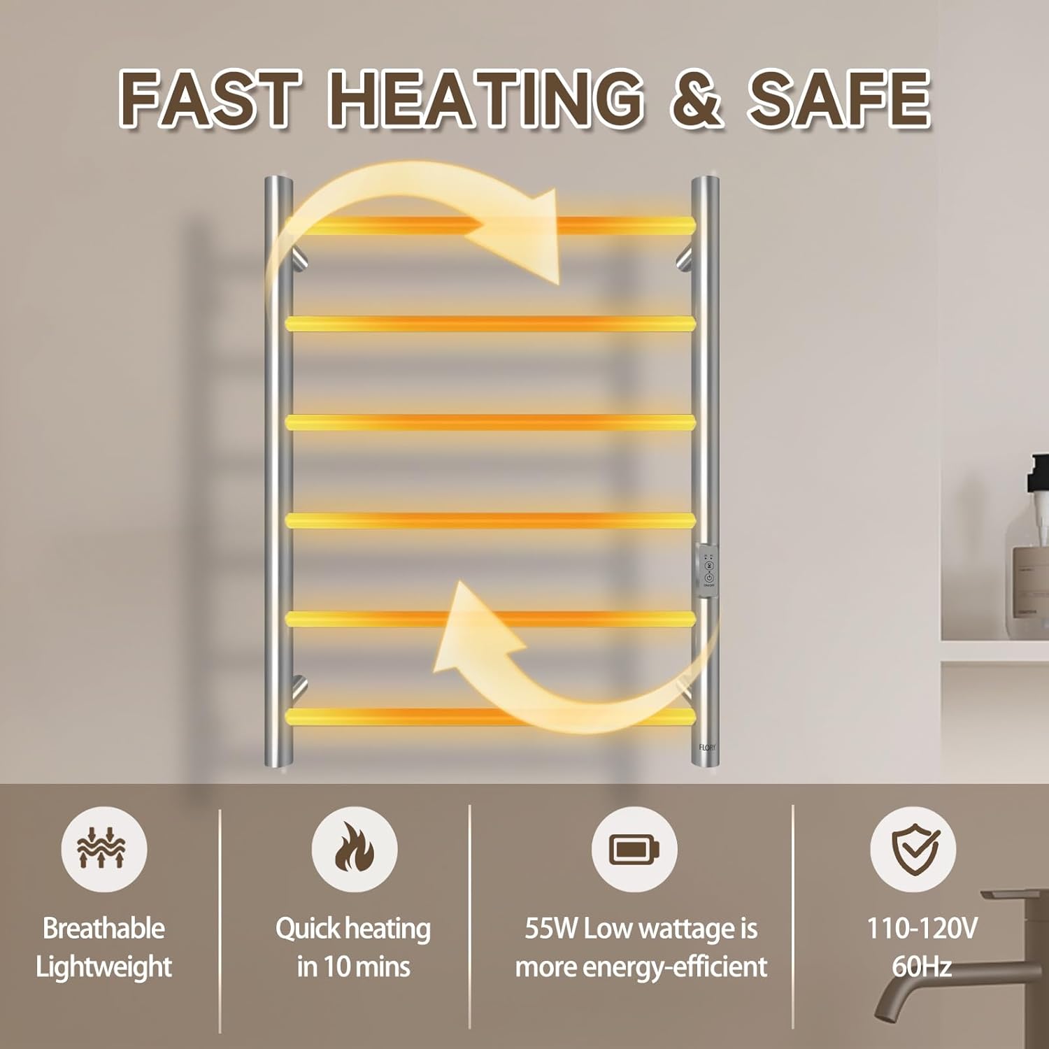 R FLORY 6 Bars Towel Warmer for Bathroom, Wall Mounted Electric Heated Towel Rack with Timer, Plug-in/Hardwired Stainless Steel Towel Heater, Brushed Nickel