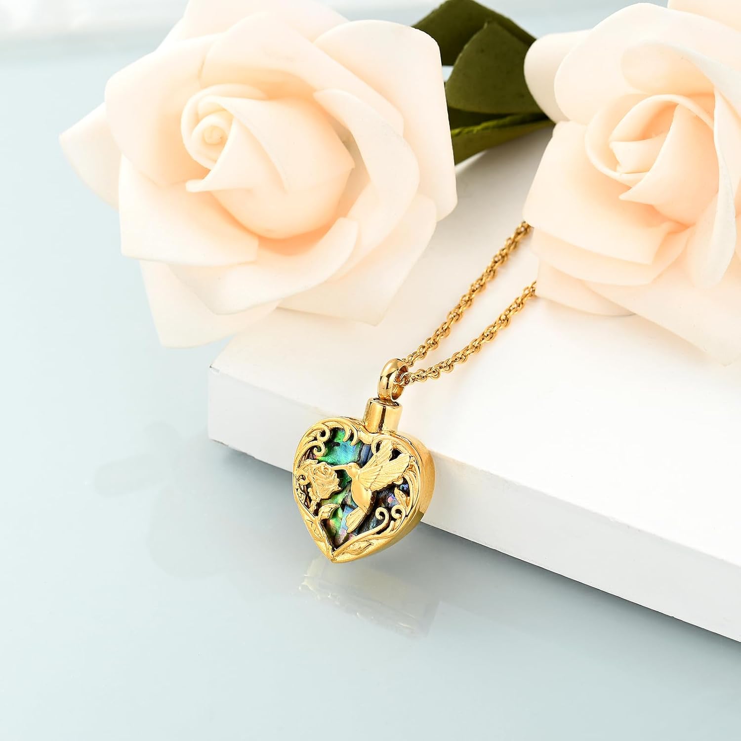 shajwo Cremation Jewelry Abalone Shell Hummingbird Heart Urn Necklace for Ashes for Women Men Memorial Human Ashes Pendant - Image 3