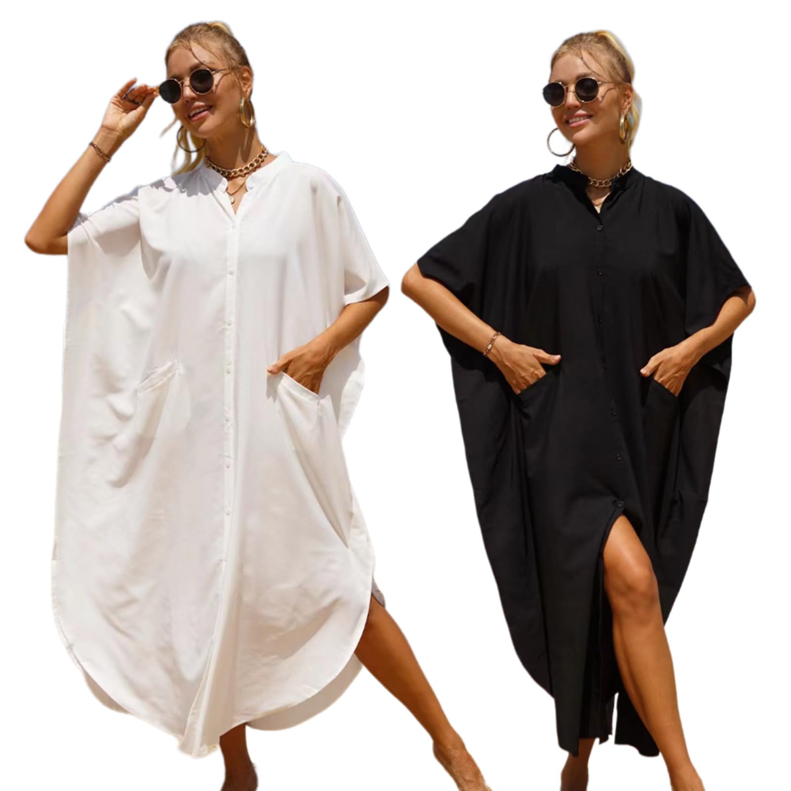 Vestido largo de traje de baño para mujer, con abertura lateral y botones hacia abajo, kimono, salida de baño para la playa
