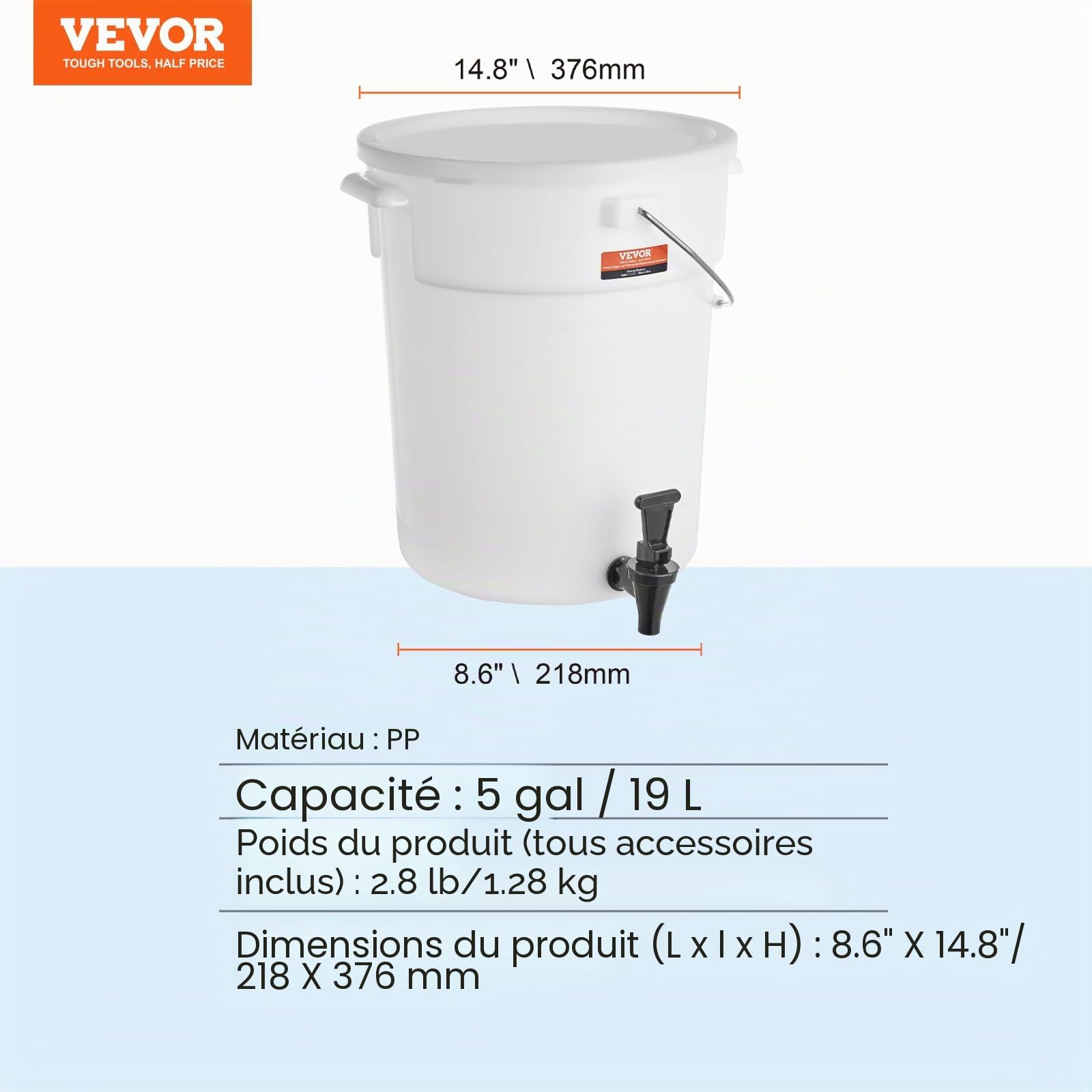 VEVOR Distributeur de Boissons Grande Capacité de 19 L, Fontaine à Eau avec Robinet et Couvercle, en Plastique, Distribution de Jus Limonade Thé Glacé, pour Restaurants, Hôtels, Cafés, Soirées