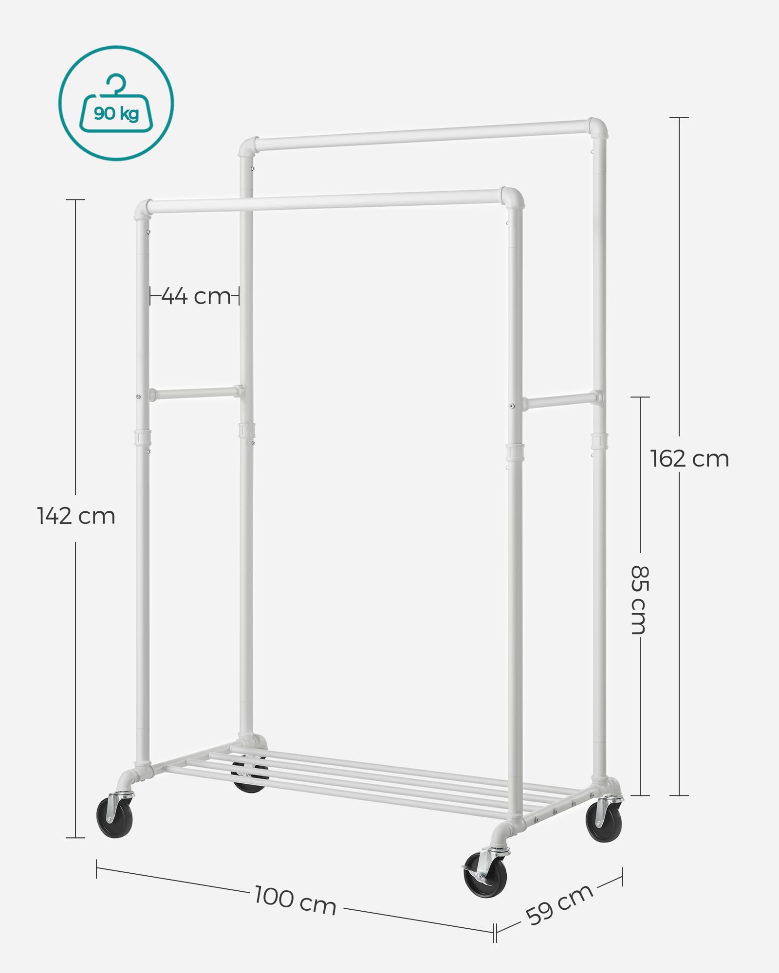 SONGMICS Stand Appendiabiti a Doppia Barra, Struttura in Metallo, 59 x 100 x 162 cm, con Ripiano Portaoggetti e Rotelle, 2 Ruote con Freni, Portata fino a 110 kg, Bianco HSR060W01